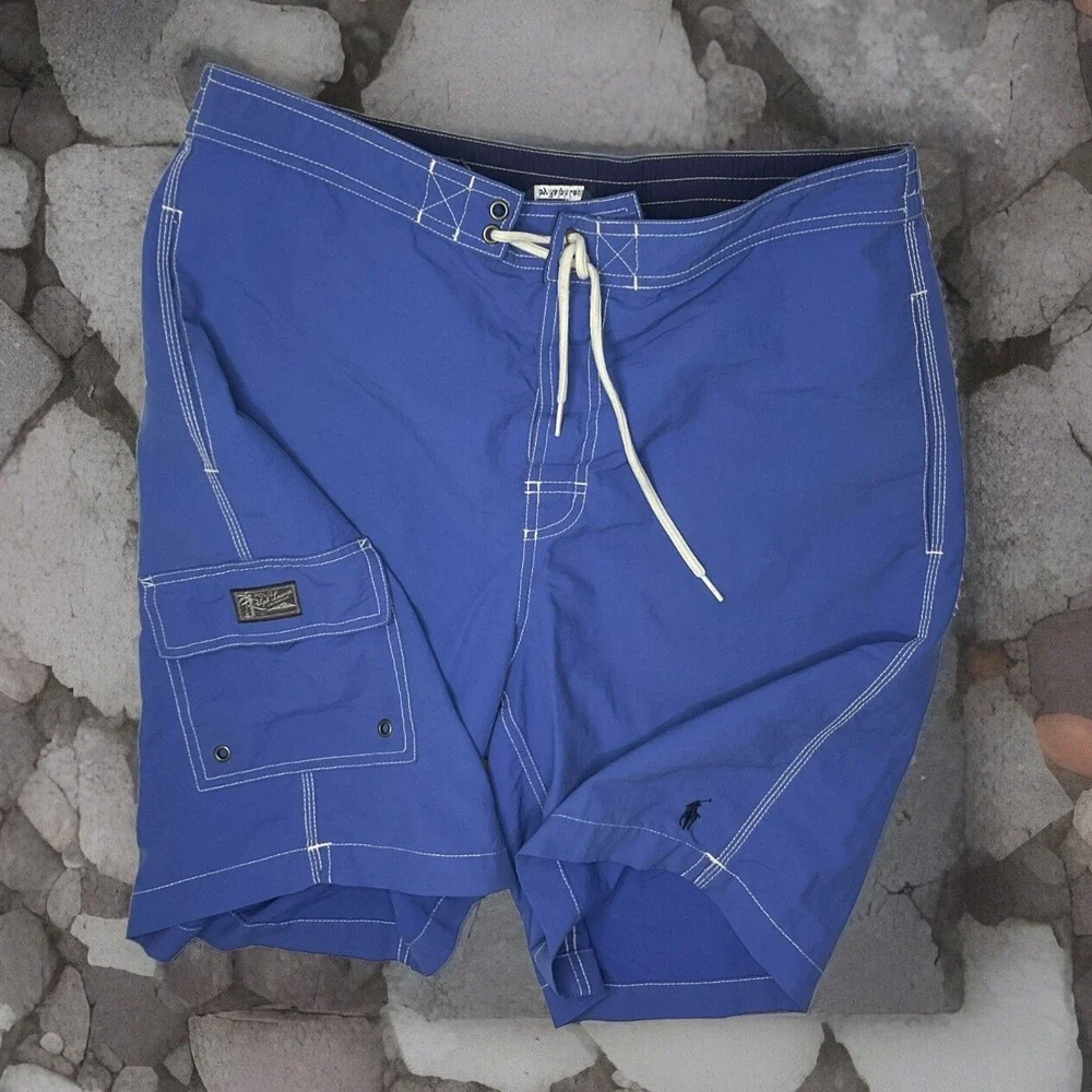Polo Ralph Lauren Shorts Men Sz M Board Swim Trunks Mesh Lined Blue Pockets Pony